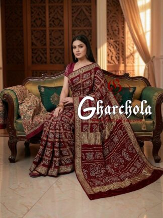 Marron Bandhani Gharchola Saree with Naksi Zari & Ancient Motifs