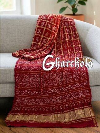 Blood Red Bandhani Gharchola Saree Pure Gaji Silk in Ancient Motifs