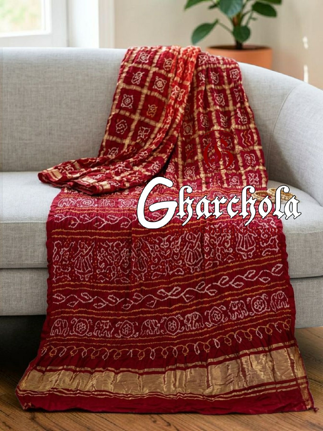Blood Red Bandhani Gharchola Saree Pure Gaji Silk in Ancient Motifs