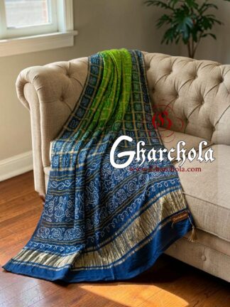 Sky Blue Parrot Bandhani Gharchola Saree Pure Gaji Silk in Ancient Motifs