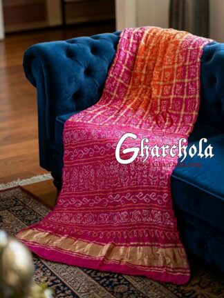 Pink Orange Bandhani Gharchola Saree Pure Gaji Silk in Ancient Motifs