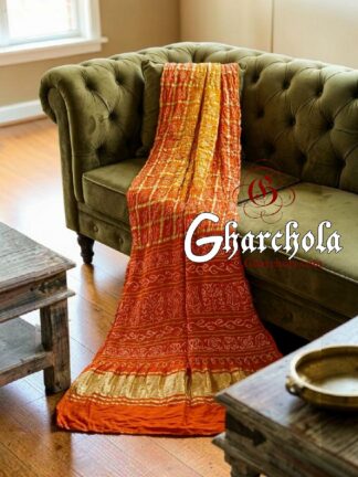 Orange Yellow Bandhani Gharchola Saree Pure Gaji Silk in Ancient Motifs