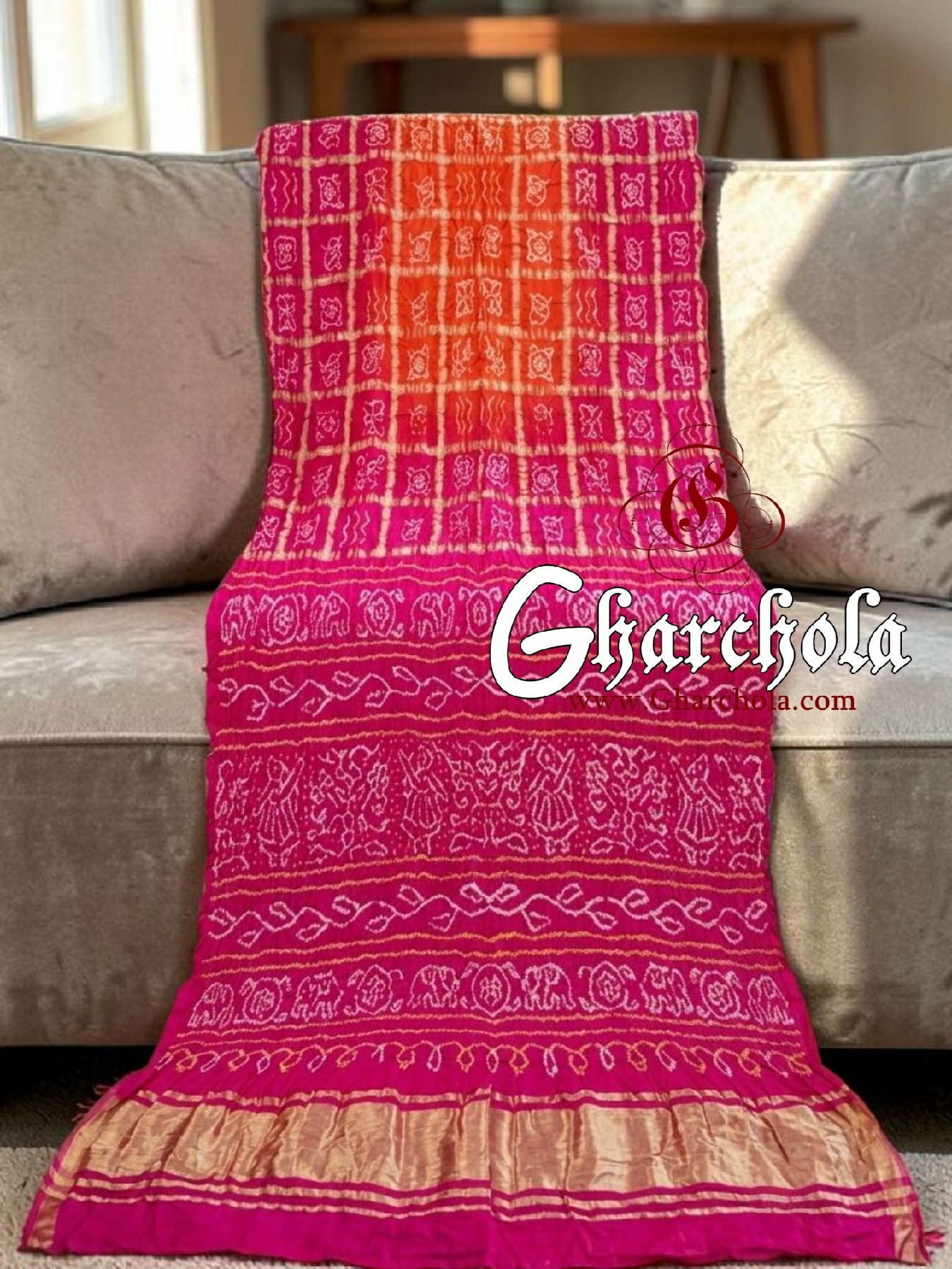 Pink Orange Bandhani Gharchola Saree Pure Gaji Silk in Ancient Motifs - Image 2