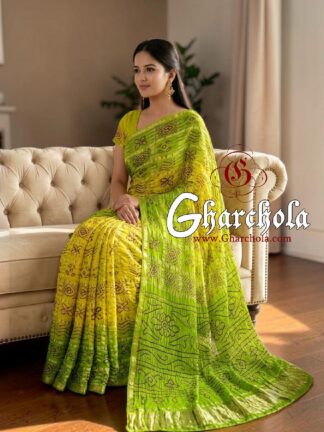Parrot Yellow Red Dots Bandhani Gharchola Saree Pure Gaji Silk in Ancient Motifs