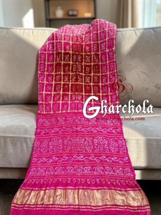 Pink Red Bandhani Gharchola Saree Pure Gaji Silk in Ancient Motifs
