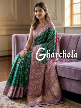 Dusty Lilac Emerald Green Rai Bandhani Pure Gaji Silk Gharchola Saree