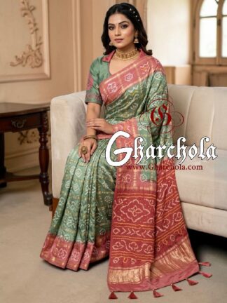 Dusty Rose Saga Green Rai Bandhani Pure Gaji Silk Gharchola Pastel Saree