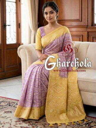 Butter Yellow Lilac Rai Bandhani Pure Gaji Silk Gharchola Pastel Saree