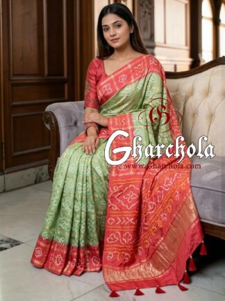Coral Pistachio Rai Bandhani Pure Gaji Silk Gharchola Pastel Saree