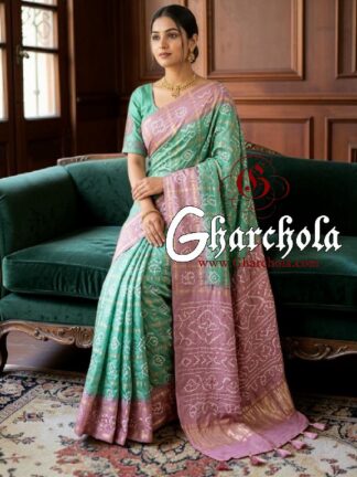 Light Mauva Seafoam Rai Bandhani Pure Gaji Silk Gharchola Pastel Saree