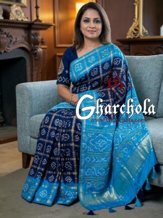 Sky Blue Midnight Blue Rai Bandhani Pure Gaji Silk Gharchola Saree