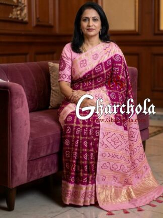 Baby Pink Deep Magenta Rai Bandhani Pure Gaji Silk Gharchola Saree