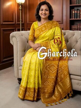 Mustard Lemon Yellow Rai Bandhani Pure Gaji Silk Gharchola Saree