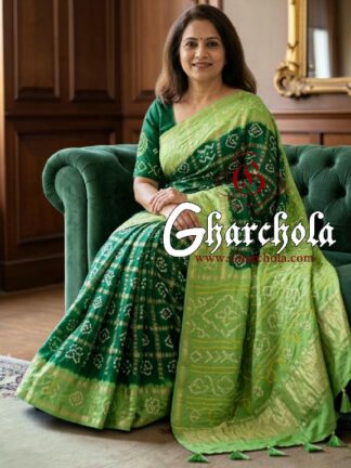 Pista Green Forest Green Rai Bandhani Pure Gaji Silk Gharchola Saree