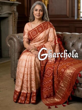 Teracotta Pale Peach Rai Bandhani Pure Gaji Silk Gharchola Saree