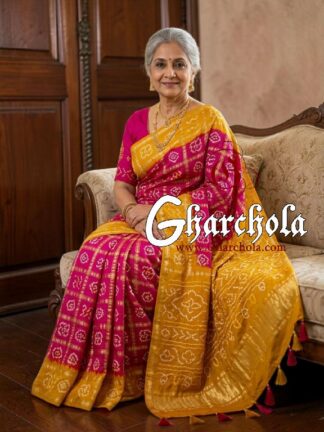 Mustard Yellow Rani Pink Rai Bandhani Pure Gaji Silk Gharchola Saree