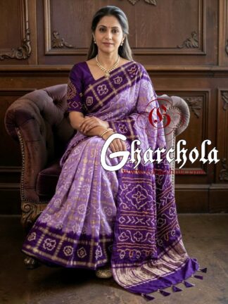 Deep Violate Lavender Rai Bandhani Pure Gaji Silk Gharchola Saree
