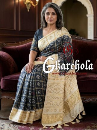 Ivory Charcoal Grey Rai Bandhani Pure Gaji Silk Gharchola Saree
