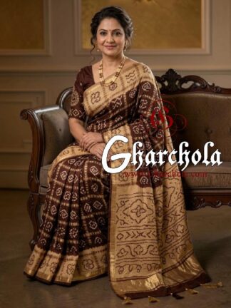 Beige Choco Brown Rai Bandhani Pure Gaji Silk Gharchola Saree