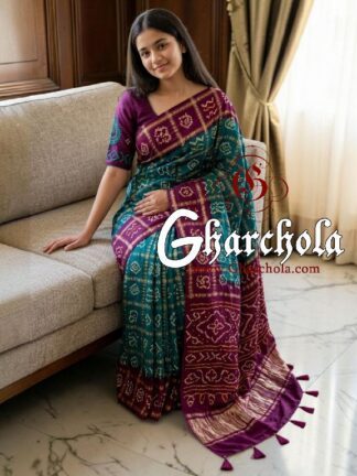 Plum Teal Rai Bandhani Pure Gaji Silk Gharchola Saree