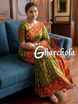 Burnt Orange Olive Green Rai Bandhani Pure Gaji Silk Gharchola Saree