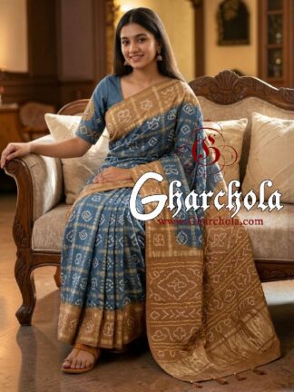 Warm Tan Dusty Blue Rai Bandhani Pure Gaji Silk Gharchola Saree