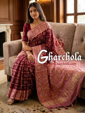 Dusty Pink Wine Rai Bandhani Pure Gaji Silk Gharchola Saree