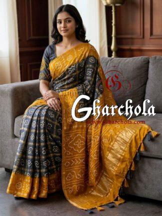 Mustard Charcoal Rai Bandhani Pure Gaji Silk Gharchola Saree
