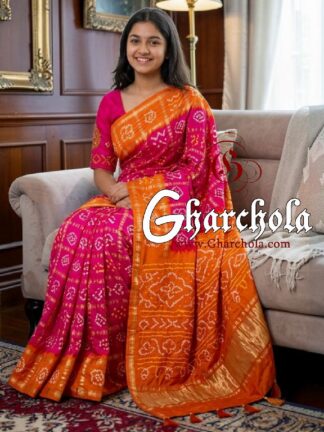 Tangerine Hot Pink Rai Bandhani Pure Gaji Silk Gharchola Saree