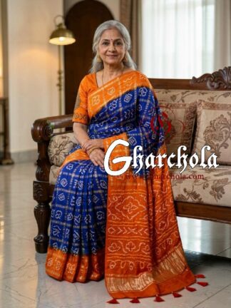 Bright Ochre Deep Purple Rai Bandhani Pure Gaji Silk Gharchola Saree