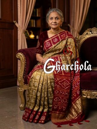 Maroon Antique Gold Rai Bandhani Pure Gaji Silk Gharchola Saree
