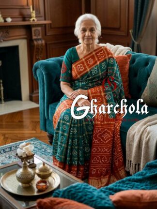 Rust Orange Teal Green Rai Bandhani Pure Gaji Silk Gharchola Saree