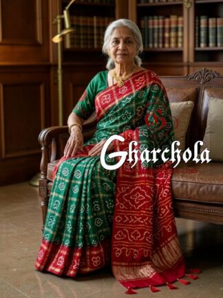 Ruby Red Emerald Green Rai Bandhani Pure Gaji Silk Gharchola Saree