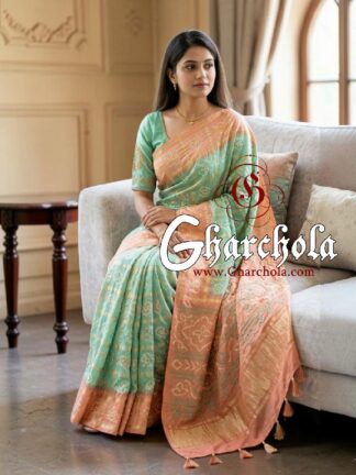 Peach Mint Green Rai Bandhani Pure Gaji Silk Gharchola Pastel Saree