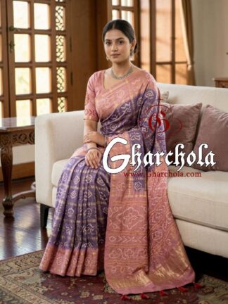 Blush Pink Lavender Rai Bandhani Pure Gaji Silk Gharchola Pastel Saree